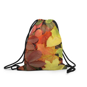 Рюкзак-мешок 3D с принтом Осенние листья в Екатеринбурге, 100% полиэстер | плотность ткани — 200 г/м2, размер — 35 х 45 см; лямки — толстые шнурки, застежка на шнуровке, без карманов и подкладки | Тематика изображения на принте: жёлтый | красный | листва | оранжевый | осень