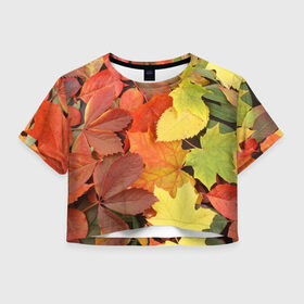 Женская футболка 3D укороченная с принтом Осенние листья в Екатеринбурге, 100% полиэстер | круглая горловина, длина футболки до линии талии, рукава с отворотами | жёлтый | красный | листва | оранжевый | осень