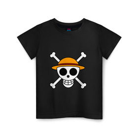 Детская футболка хлопок с принтом Весёлый Роджер Мугивар в Екатеринбурге, 100% хлопок | круглый вырез горловины, полуприлегающий силуэт, длина до линии бедер | аниме | большой куш | ван пис | кости | луффи | мугивара | пираты | соломенная | череп | шляпа