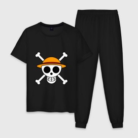 Мужская пижама хлопок с принтом Весёлый Роджер Мугивар в Екатеринбурге, 100% хлопок | брюки и футболка прямого кроя, без карманов, на брюках мягкая резинка на поясе и по низу штанин
 | аниме | большой куш | ван пис | кости | луффи | мугивара | пираты | соломенная | череп | шляпа