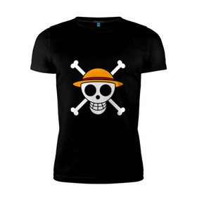Мужская футболка премиум с принтом Весёлый Роджер Мугивар в Екатеринбурге, 92% хлопок, 8% лайкра | приталенный силуэт, круглый вырез ворота, длина до линии бедра, короткий рукав | Тематика изображения на принте: аниме | большой куш | ван пис | кости | луффи | мугивара | пираты | соломенная | череп | шляпа