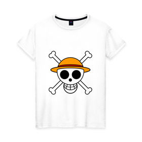 Женская футболка хлопок с принтом Весёлый Роджер Мугивар в Екатеринбурге, 100% хлопок | прямой крой, круглый вырез горловины, длина до линии бедер, слегка спущенное плечо | аниме | большой куш | ван пис | кости | луффи | мугивара | пираты | соломенная | череп | шляпа