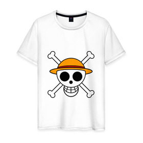 Мужская футболка хлопок с принтом Весёлый Роджер Мугивар в Екатеринбурге, 100% хлопок | прямой крой, круглый вырез горловины, длина до линии бедер, слегка спущенное плечо. | аниме | большой куш | ван пис | кости | луффи | мугивара | пираты | соломенная | череп | шляпа