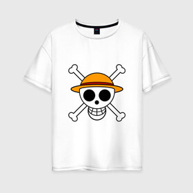 Женская футболка хлопок Oversize с принтом Весёлый Роджер Мугивар в Екатеринбурге, 100% хлопок | свободный крой, круглый ворот, спущенный рукав, длина до линии бедер
 | аниме | большой куш | ван пис | кости | луффи | мугивара | пираты | соломенная | череп | шляпа