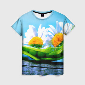 Женская футболка 3D с принтом Ромашки в Екатеринбурге, 100% полиэфир ( синтетическое хлопкоподобное полотно) | прямой крой, круглый вырез горловины, длина до линии бедер | красота | поле | природа | ромашка | цветы