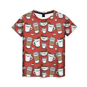 Женская футболка 3D с принтом Веселые чашки кофе в Екатеринбурге, 100% полиэфир ( синтетическое хлопкоподобное полотно) | прямой крой, круглый вырез горловины, длина до линии бедер | паттерн