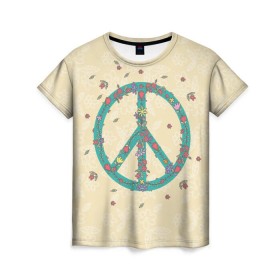 Женская футболка 3D с принтом Peace в Екатеринбурге, 100% полиэфир ( синтетическое хлопкоподобное полотно) | прямой крой, круглый вырез горловины, длина до линии бедер | peace | мир | пис | хиппи | цветы