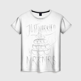 Женская футболка 3D с принтом MR&MRS в Екатеринбурге, 100% полиэфир ( синтетическое хлопкоподобное полотно) | прямой крой, круглый вырез горловины, длина до линии бедер | бабочка | жених | молодожены | невеста | свадьба | торт