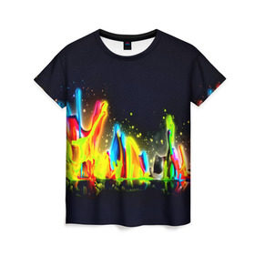 Женская футболка 3D с принтом Взрыв красок в Екатеринбурге, 100% полиэфир ( синтетическое хлопкоподобное полотно) | прямой крой, круглый вырез горловины, длина до линии бедер | абстракция | абстракция красок | брызги | краска | цветные