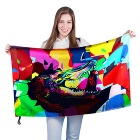 Флаг 3D с принтом Крокодил в Екатеринбурге, 100% полиэстер | плотность ткани — 95 г/м2, размер — 67 х 109 см. Принт наносится с одной стороны | цветной | яркий