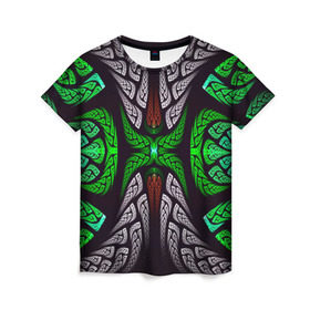 Женская футболка 3D с принтом Трайбл в Екатеринбурге, 100% полиэфир ( синтетическое хлопкоподобное полотно) | прямой крой, круглый вырез горловины, длина до линии бедер | зелёный | паттерн | текстура | цветной