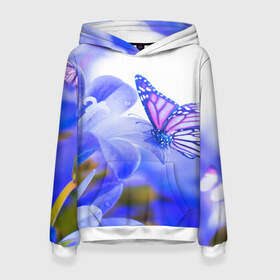 Женская толстовка 3D с принтом Бабочки в Екатеринбурге, 100% полиэстер  | двухслойный капюшон со шнурком для регулировки, мягкие манжеты на рукавах и по низу толстовки, спереди карман-кенгуру с мягким внутренним слоем. | бабочки | красота | природа | синяя | цветы
