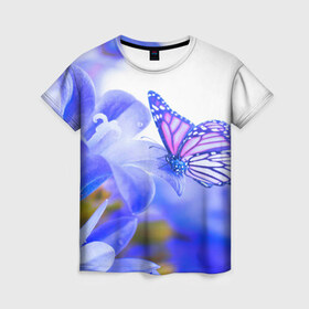 Женская футболка 3D с принтом Бабочки в Екатеринбурге, 100% полиэфир ( синтетическое хлопкоподобное полотно) | прямой крой, круглый вырез горловины, длина до линии бедер | бабочки | красота | природа | синяя | цветы