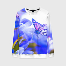 Женский свитшот 3D с принтом Бабочки в Екатеринбурге, 100% полиэстер с мягким внутренним слоем | круглый вырез горловины, мягкая резинка на манжетах и поясе, свободная посадка по фигуре | бабочки | красота | природа | синяя | цветы