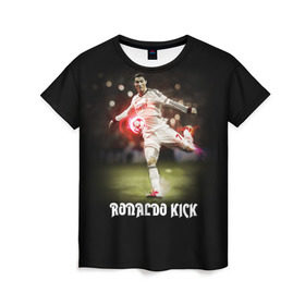 Женская футболка 3D с принтом Удар Роналдо в Екатеринбурге, 100% полиэфир ( синтетическое хлопкоподобное полотно) | прямой крой, круглый вырез горловины, длина до линии бедер | real | ronaldo | реал мадрид | роналдо | футбол