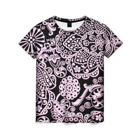 Женская футболка 3D с принтом Узоры в Екатеринбурге, 100% полиэфир ( синтетическое хлопкоподобное полотно) | прямой крой, круглый вырез горловины, длина до линии бедер | кружево | розовый | цветы