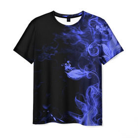 Мужская футболка 3D с принтом Дым в Екатеринбурге, 100% полиэфир | прямой крой, круглый вырез горловины, длина до линии бедер | Тематика изображения на принте: синий | цветок | черный