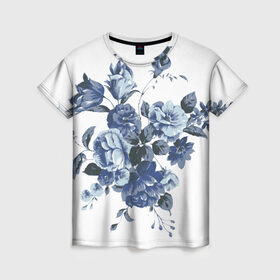 Женская футболка 3D с принтом Синие цветы в Екатеринбурге, 100% полиэфир ( синтетическое хлопкоподобное полотно) | прямой крой, круглый вырез горловины, длина до линии бедер | розы | синие розы | узор | цветы