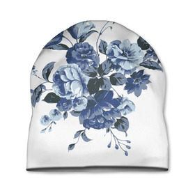 Шапка 3D с принтом Синие цветы в Екатеринбурге, 100% полиэстер | универсальный размер, печать по всей поверхности изделия | Тематика изображения на принте: розы | синие розы | узор | цветы