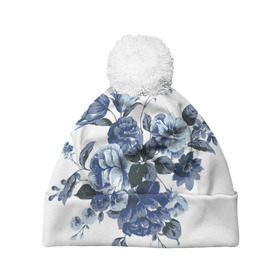 Шапка 3D c помпоном с принтом Синие цветы в Екатеринбурге, 100% полиэстер | универсальный размер, печать по всей поверхности изделия | розы | синие розы | узор | цветы