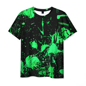 Мужская футболка 3D с принтом Брызги красок в Екатеринбурге, 100% полиэфир | прямой крой, круглый вырез горловины, длина до линии бедер | зеленый | кляксы | паттерн | черный