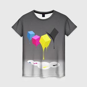 Женская футболка 3D с принтом Краски-кубики в Екатеринбурге, 100% полиэфир ( синтетическое хлопкоподобное полотно) | прямой крой, круглый вырез горловины, длина до линии бедер | жёлтый | краски | кубики | розовый | стекают | цвета | чёрный