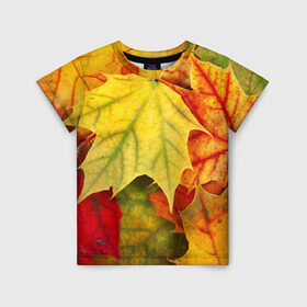 Детская футболка 3D с принтом Кленовые листья в Екатеринбурге, 100% гипоаллергенный полиэфир | прямой крой, круглый вырез горловины, длина до линии бедер, чуть спущенное плечо, ткань немного тянется | жёлтый | зелёный | красный | листва | оранжевый | осень