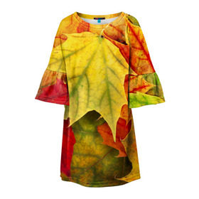 Детское платье 3D с принтом Кленовые листья в Екатеринбурге, 100% полиэстер | прямой силуэт, чуть расширенный к низу. Круглая горловина, на рукавах — воланы | жёлтый | зелёный | красный | листва | оранжевый | осень
