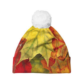 Шапка 3D c помпоном с принтом Кленовые листья в Екатеринбурге, 100% полиэстер | универсальный размер, печать по всей поверхности изделия | жёлтый | зелёный | красный | листва | оранжевый | осень