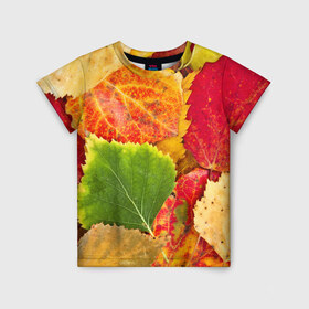 Детская футболка 3D с принтом Осень в Екатеринбурге, 100% гипоаллергенный полиэфир | прямой крой, круглый вырез горловины, длина до линии бедер, чуть спущенное плечо, ткань немного тянется | берёза | дары осени | жёлтый | зелёный | золотой | краски | красный | красота | листва | листья | наряд | оранжевый | осень | осина | покров | природа