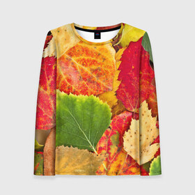 Женский лонгслив 3D с принтом Осень в Екатеринбурге, 100% полиэстер | длинные рукава, круглый вырез горловины, полуприлегающий силуэт | берёза | дары осени | жёлтый | зелёный | золотой | краски | красный | красота | листва | листья | наряд | оранжевый | осень | осина | покров | природа