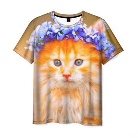 Мужская футболка 3D с принтом Котенок в Екатеринбурге, 100% полиэфир | прямой крой, круглый вырез горловины, длина до линии бедер | кошка | красота | мордочка | природа | рыжая