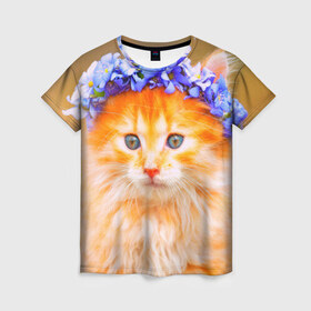 Женская футболка 3D с принтом Котенок в Екатеринбурге, 100% полиэфир ( синтетическое хлопкоподобное полотно) | прямой крой, круглый вырез горловины, длина до линии бедер | кошка | красота | мордочка | природа | рыжая