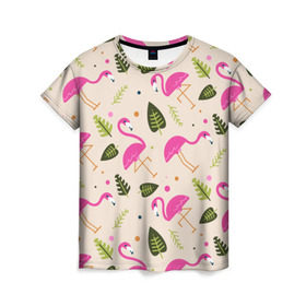 Женская футболка 3D с принтом Фламинго в Екатеринбурге, 100% полиэфир ( синтетическое хлопкоподобное полотно) | прямой крой, круглый вырез горловины, длина до линии бедер | абстракция | арт | листья | фламинго | хипстеры