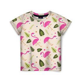 Детская футболка 3D с принтом Фламинго в Екатеринбурге, 100% гипоаллергенный полиэфир | прямой крой, круглый вырез горловины, длина до линии бедер, чуть спущенное плечо, ткань немного тянется | абстракция | арт | листья | фламинго | хипстеры