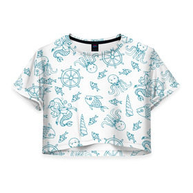 Женская футболка 3D укороченная с принтом Морская живность в Екатеринбурге, 100% полиэстер | круглая горловина, длина футболки до линии талии, рукава с отворотами | абстракция | арт | море | осьминог | русалки
