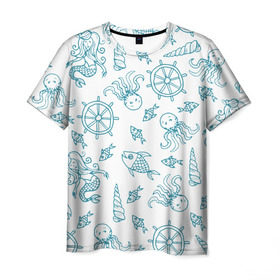 Мужская футболка 3D с принтом Морская живность в Екатеринбурге, 100% полиэфир | прямой крой, круглый вырез горловины, длина до линии бедер | Тематика изображения на принте: абстракция | арт | море | осьминог | русалки