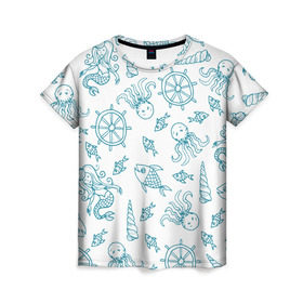 Женская футболка 3D с принтом Морская живность в Екатеринбурге, 100% полиэфир ( синтетическое хлопкоподобное полотно) | прямой крой, круглый вырез горловины, длина до линии бедер | абстракция | арт | море | осьминог | русалки