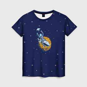 Женская футболка 3D с принтом Космонавт 10 в Екатеринбурге, 100% полиэфир ( синтетическое хлопкоподобное полотно) | прямой крой, круглый вырез горловины, длина до линии бедер | astro | moon | space monkey | star | stars | астронавт | звезды | земля | космонавт | космос | луна | скафандр