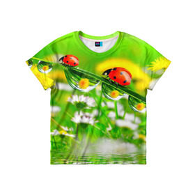 Детская футболка 3D с принтом Макро в Екатеринбурге, 100% гипоаллергенный полиэфир | прямой крой, круглый вырез горловины, длина до линии бедер, чуть спущенное плечо, ткань немного тянется | божья коровка | насекомые | одуванчик | природа | цветы