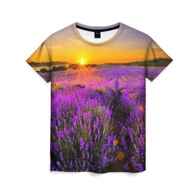 Женская футболка 3D с принтом Лавандовое поле в Екатеринбурге, 100% полиэфир ( синтетическое хлопкоподобное полотно) | прямой крой, круглый вырез горловины, длина до линии бедер | закат | лиловый | пейзаж | яркий