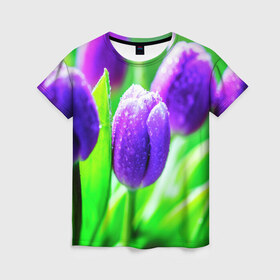 Женская футболка 3D с принтом Тюльпаны в Екатеринбурге, 100% полиэфир ( синтетическое хлопкоподобное полотно) | прямой крой, круглый вырез горловины, длина до линии бедер | красота | поле | природа | тюльпаны | цветы