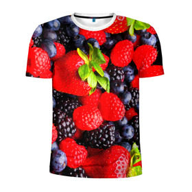 Мужская футболка 3D спортивная с принтом Ягоды в Екатеринбурге, 100% полиэстер с улучшенными характеристиками | приталенный силуэт, круглая горловина, широкие плечи, сужается к линии бедра | ежевика | клубника | малина | черника | ягода | ягодка
