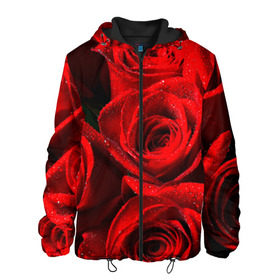 Мужская куртка 3D с принтом Розы в Екатеринбурге, ткань верха — 100% полиэстер, подклад — флис | прямой крой, подол и капюшон оформлены резинкой с фиксаторами, два кармана без застежек по бокам, один большой потайной карман на груди. Карман на груди застегивается на липучку | Тематика изображения на принте: красная | роза | роса | цветок