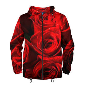 Мужская ветровка 3D с принтом Розы в Екатеринбурге, 100% полиэстер | подол и капюшон оформлены резинкой с фиксаторами, два кармана без застежек по бокам, один потайной карман на груди | Тематика изображения на принте: красная | роза | роса | цветок