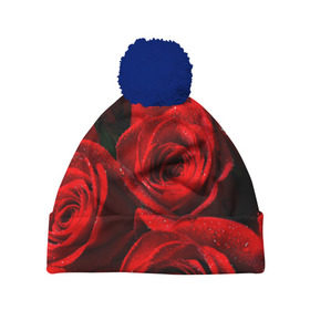 Шапка 3D c помпоном с принтом Розы в Екатеринбурге, 100% полиэстер | универсальный размер, печать по всей поверхности изделия | красная | роза | роса | цветок