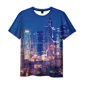 Мужская футболка 3D с принтом Ночная Москва в Екатеринбурге, 100% полиэфир | прямой крой, круглый вырез горловины, длина до линии бедер | город | москва сити | пейзаж