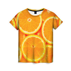 Женская футболка 3D с принтом Апельсины в Екатеринбурге, 100% полиэфир ( синтетическое хлопкоподобное полотно) | прямой крой, круглый вырез горловины, длина до линии бедер | апельсин | долька | цитрус