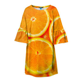 Детское платье 3D с принтом Апельсины в Екатеринбурге, 100% полиэстер | прямой силуэт, чуть расширенный к низу. Круглая горловина, на рукавах — воланы | апельсин | долька | цитрус