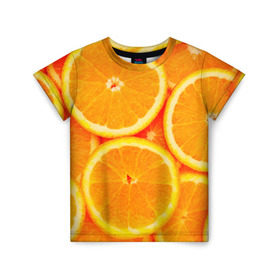 Детская футболка 3D с принтом Апельсины в Екатеринбурге, 100% гипоаллергенный полиэфир | прямой крой, круглый вырез горловины, длина до линии бедер, чуть спущенное плечо, ткань немного тянется | апельсин | долька | цитрус